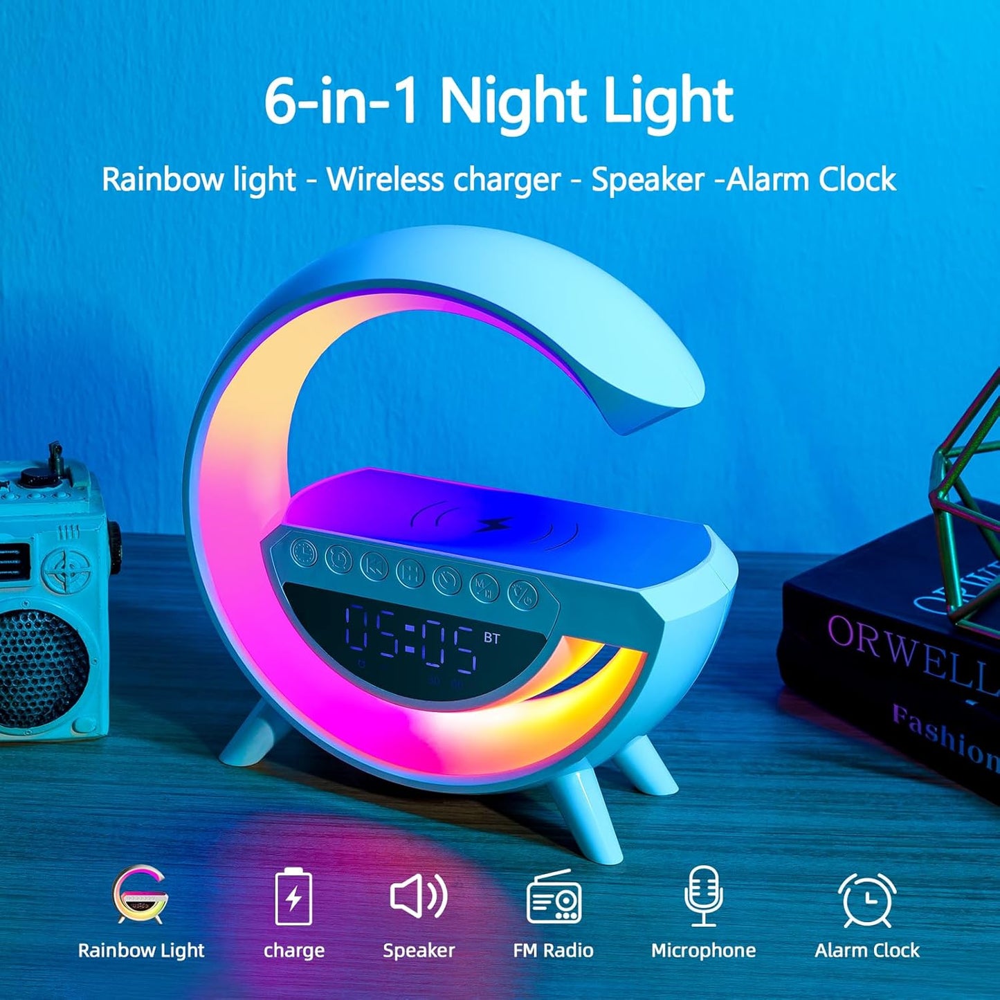 6-in-1 Night Lights with Wireless Charger G Speakers Desk Lamp for Bedroom